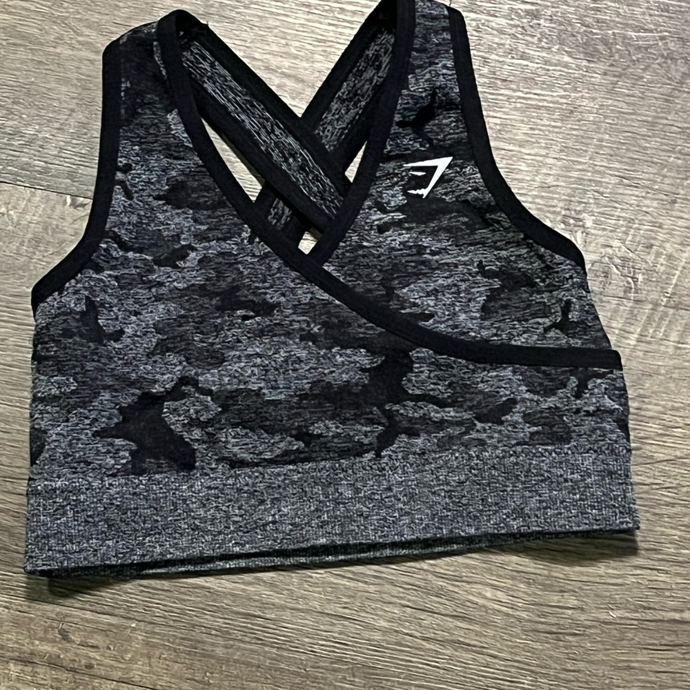 Gymshark Adapt Camo seamless sports bra featuring a crossover back design